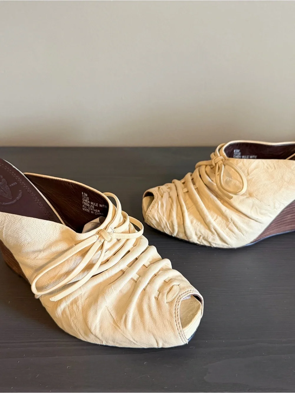Frye Women’s Gwynn Leather Cream Lace-Up Wedge Mules